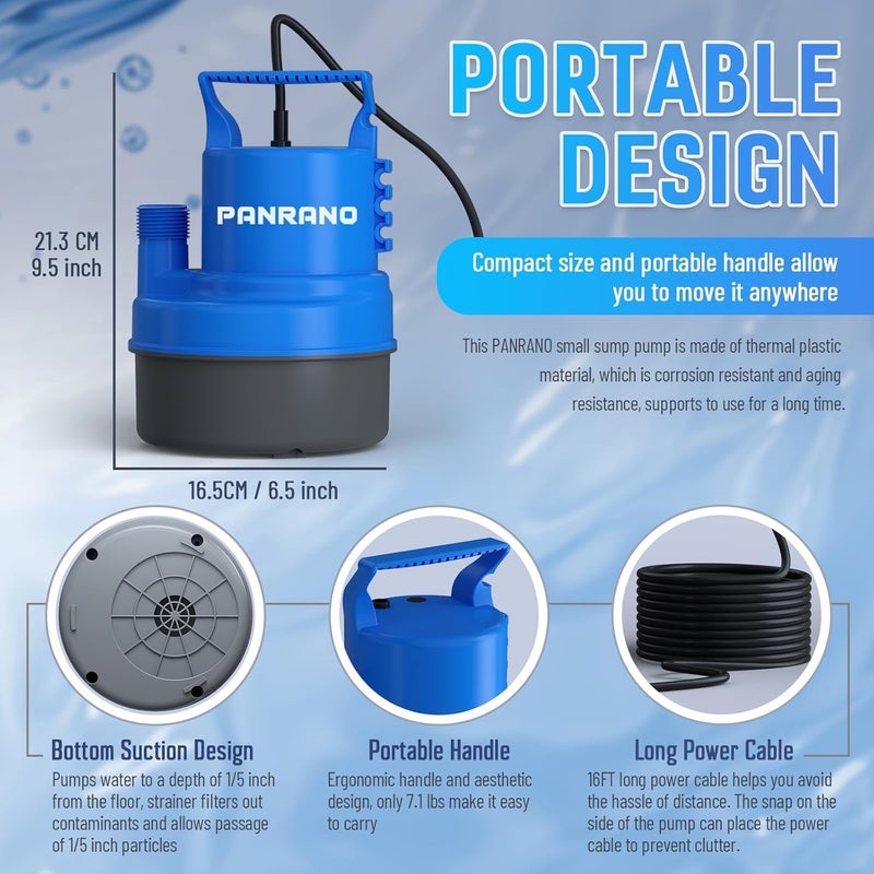 PANRANO 1/2 HP Submersible Water Pump 2900 GPH Portable Small Sump Pump For Pool Cover, Basements, Puddles, Gardens Ponds With 16.4 Ft Power Cord and Hose Adapters, Sky Blue - Image 4